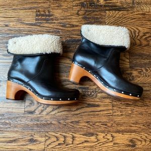 UGG Lynnea Black Leather Wood Heel Clog Ankle Boot